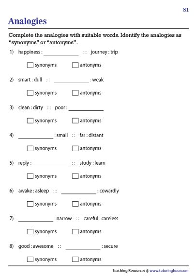 antonym analogies worksheet.